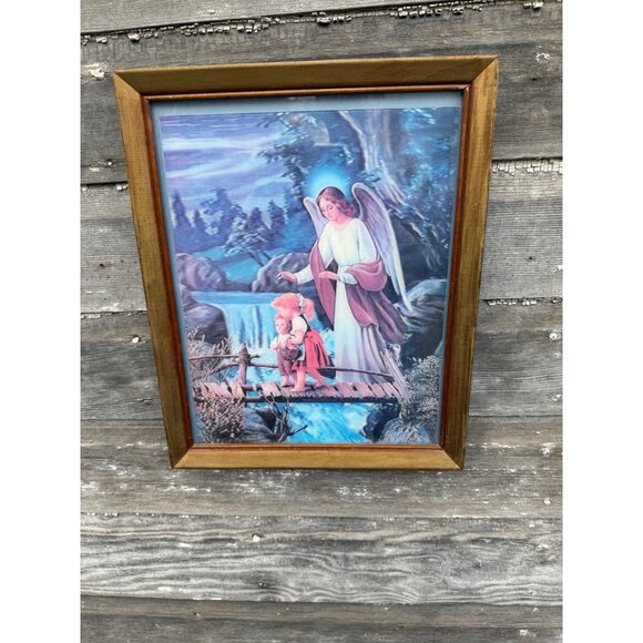 Vintage 70's Lenticular 3D Hologram Guardian Angel Children Framed Picture - Picture 1 of 15